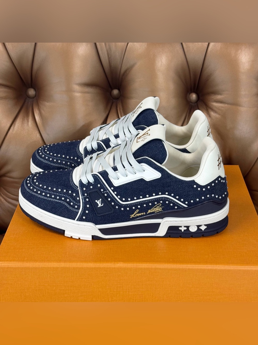 Louis Vuitton LV Trainer Sneaker 1AJ517 Swarovski™ pearls Indigo Blue SIZE 8.5 - Picture 4 of 14